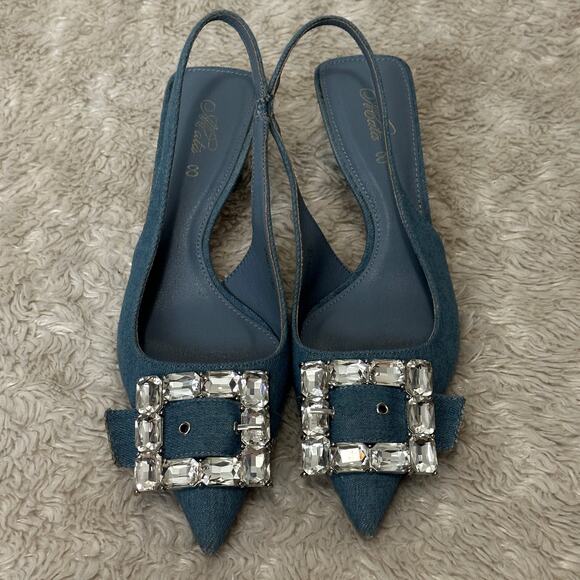 Akata Shoes - Cute Y2k Style Blue Kitten Slingback Heels with Crystal Buckle Embellishment